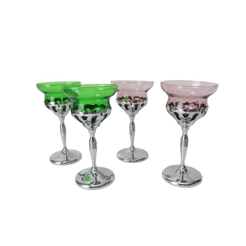 4 Vintage Cambridge Glass and Chrome Cordial Wine Glasses Barware Cocktail